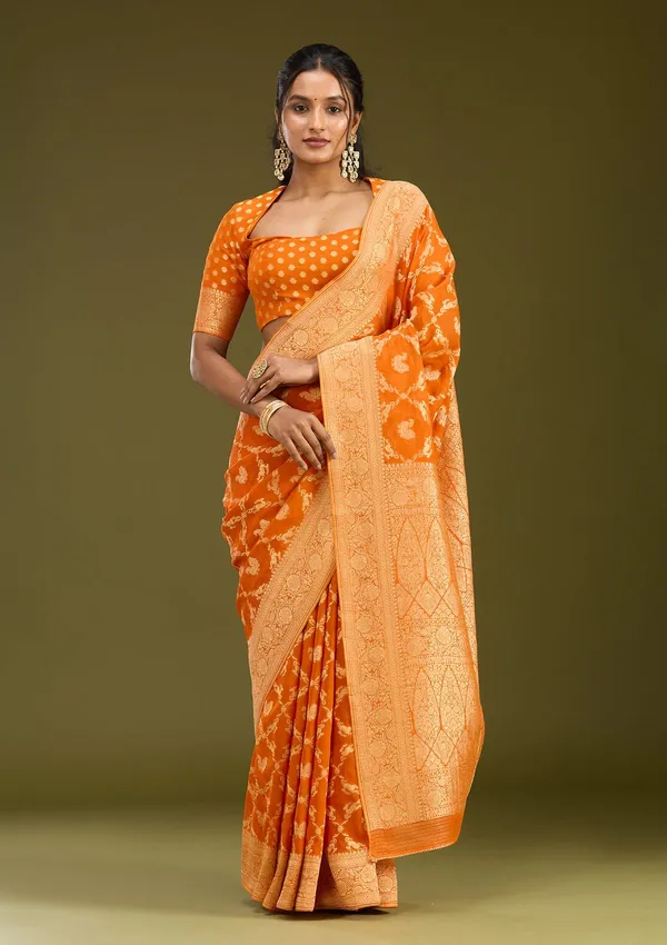 Orange_Zariwork_Satin_Silk_Saree