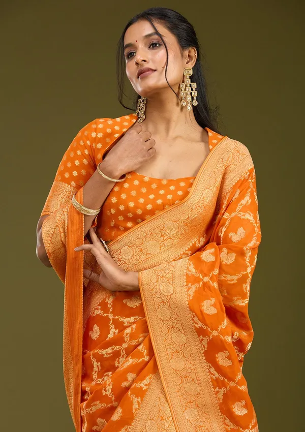 Orange_Zariwork_Satin_Silk_Saree