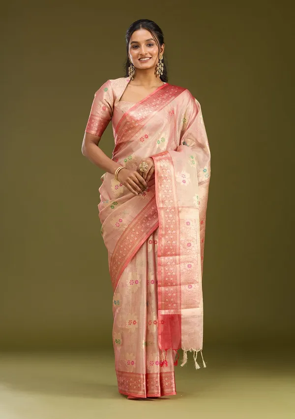 Peach_Zariwork_Gold_Tissue_Silk_Saree