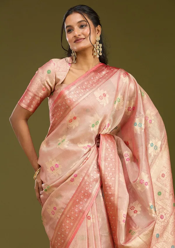 Peach_Zariwork_Gold_Tissue_Silk_Saree