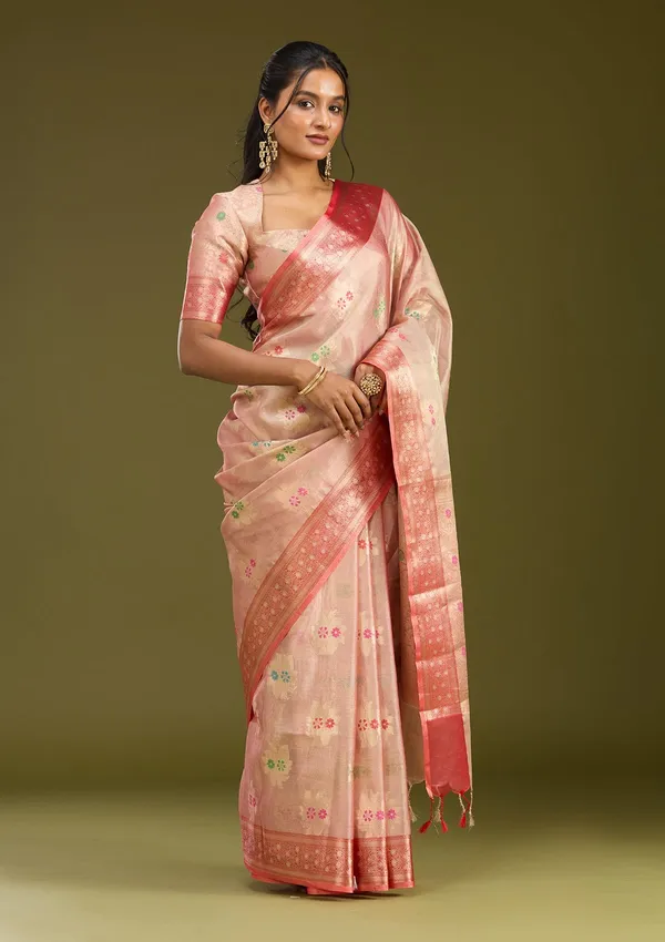 Peach_Zariwork_Gold_Tissue_Silk_Saree
