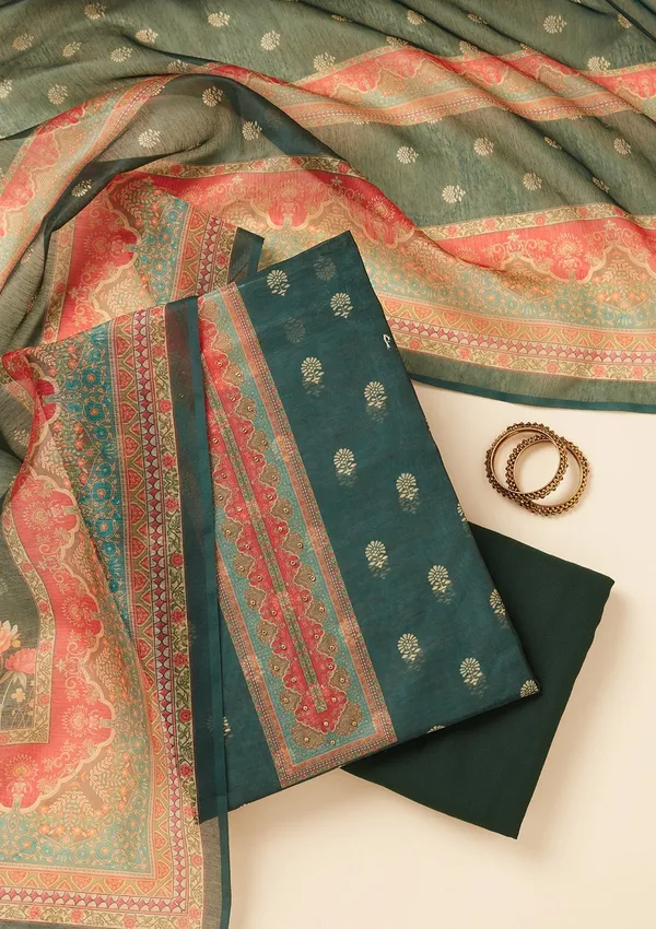 Bottle_Green_Zariwork_Gold_Chanderi_Unstitched_Salwar_Suit