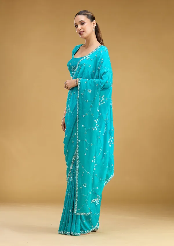 Turquoise_Blue_Aariwork_Satin_Saree