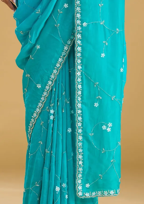 Turquoise_Blue_Aariwork_Satin_Saree