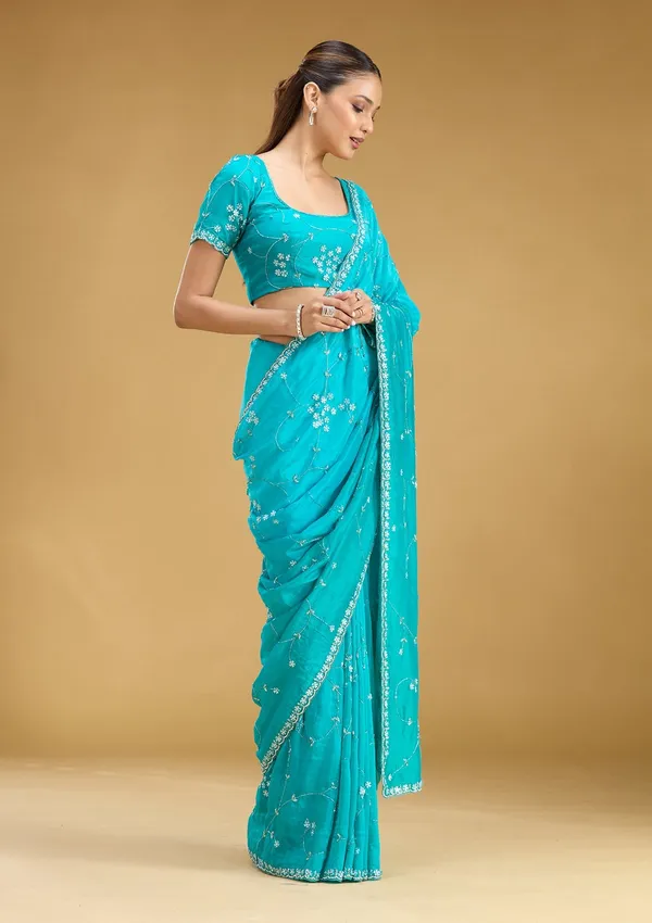 Turquoise_Blue_Aariwork_Satin_Saree
