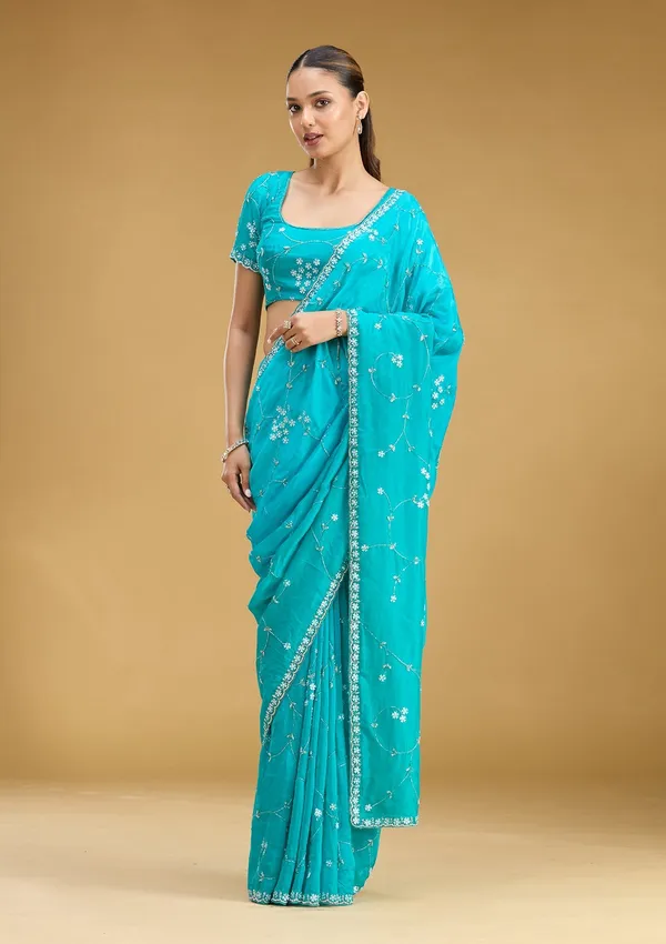 Turquoise_Blue_Aariwork_Satin_Saree