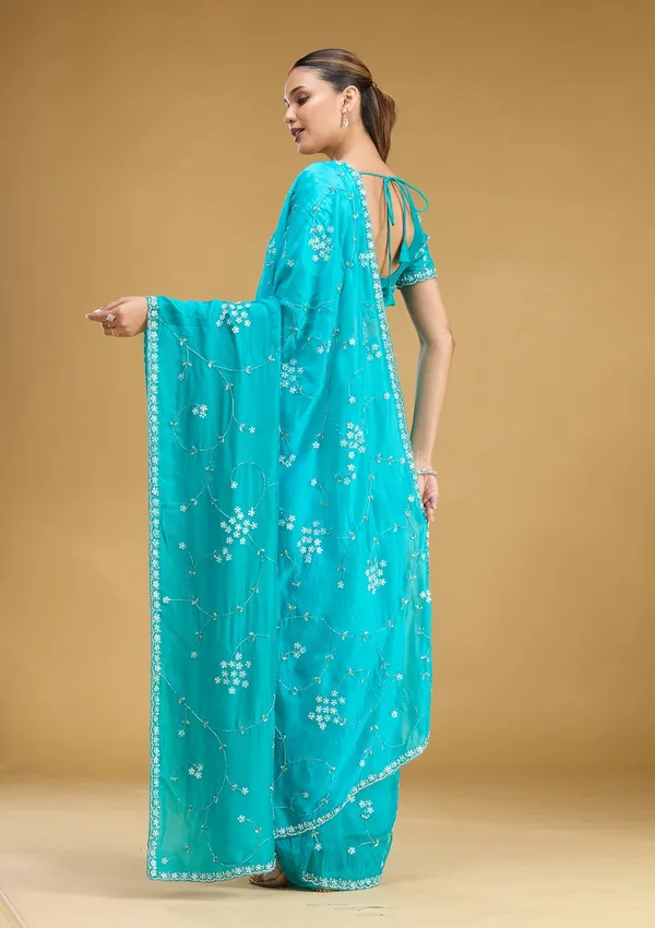 Turquoise_Blue_Aariwork_Satin_Saree
