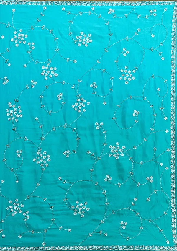 Turquoise_Blue_Aariwork_Satin_Saree