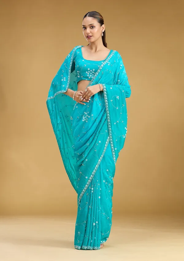 Turquoise_Blue_Aariwork_Satin_Saree