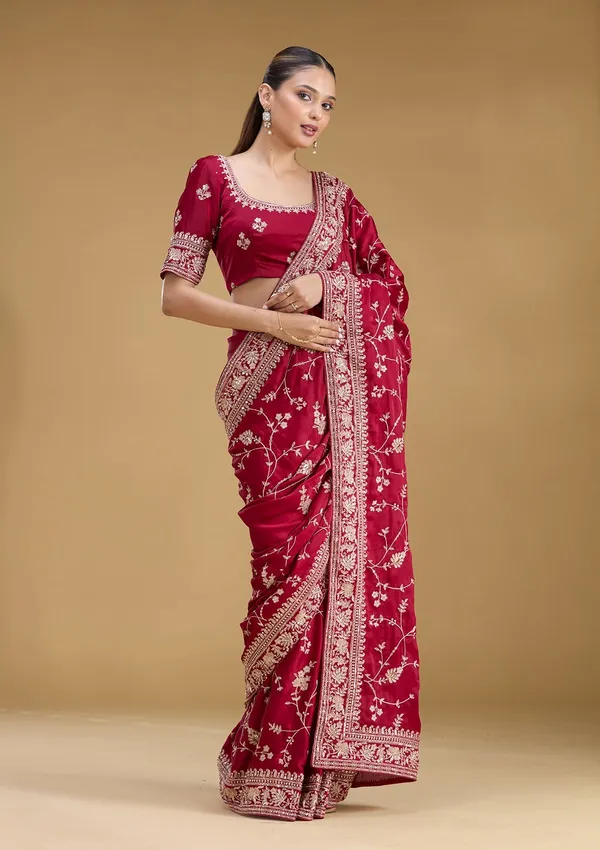 Maroon_Aariwork_Satin_Saree