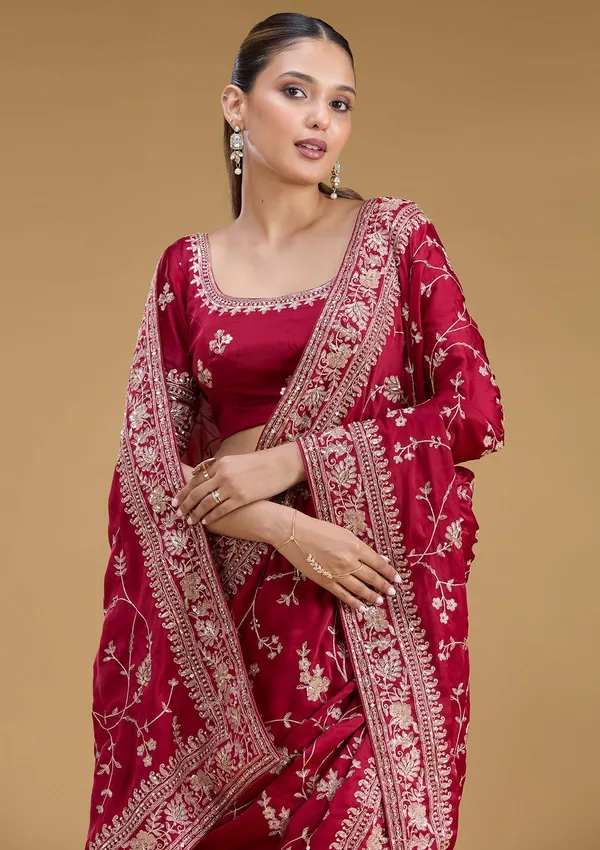 Maroon_Aariwork_Satin_Saree