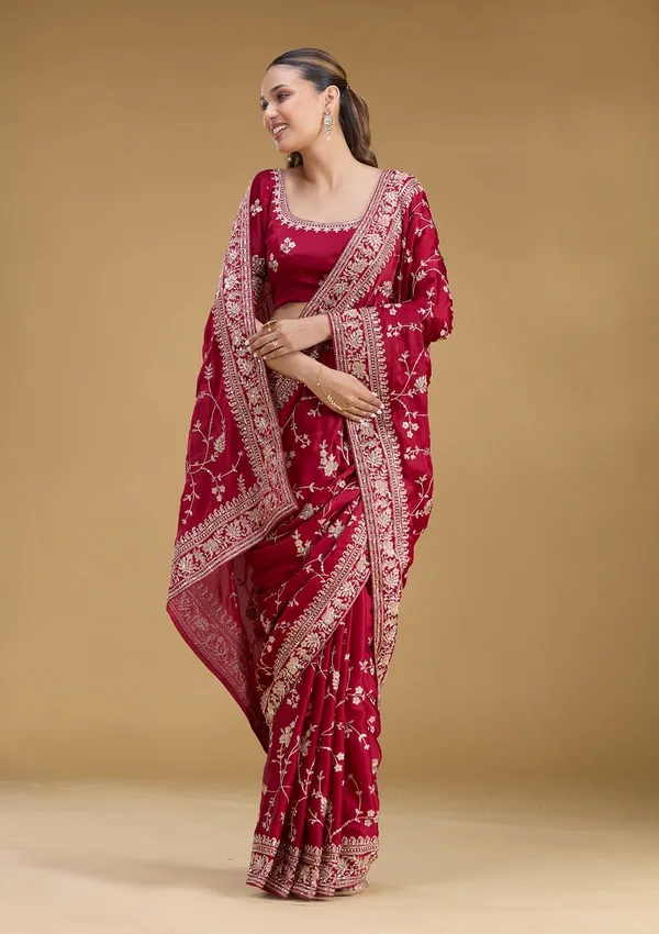 Maroon_Aariwork_Satin_Saree