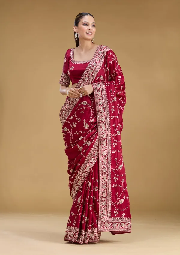 Maroon_Aariwork_Satin_Saree