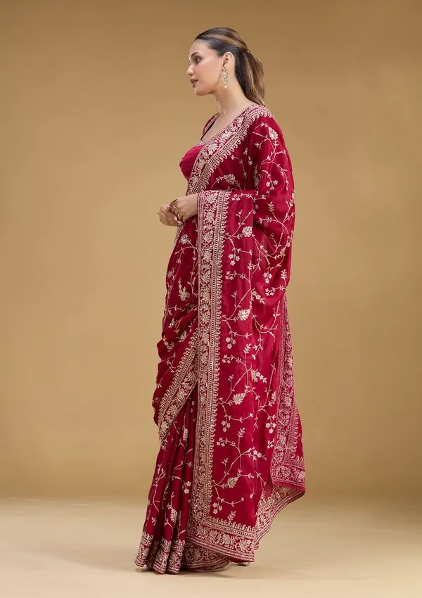 Maroon_Aariwork_Satin_Saree