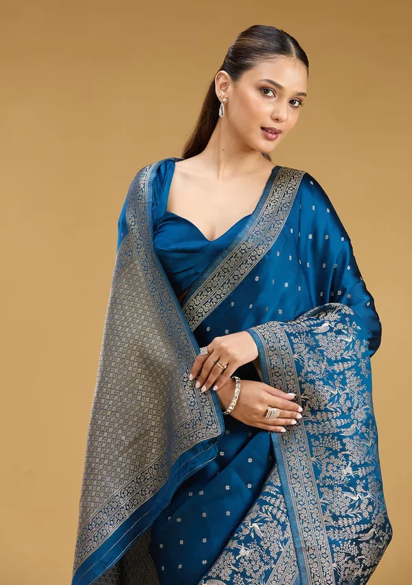 Peacock_Blue_Zariwork_Gold_Semi_Crepe_Silk_Saree