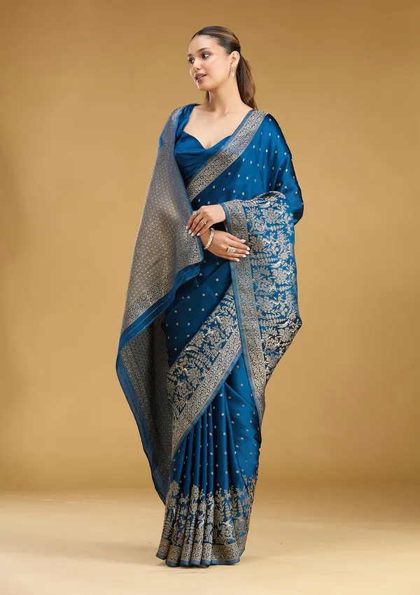 Peacock_Blue_Zariwork_Gold_Semi_Crepe_Silk_Saree