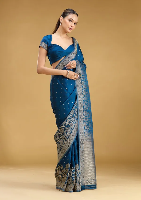 Peacock_Blue_Zariwork_Gold_Semi_Crepe_Silk_Saree