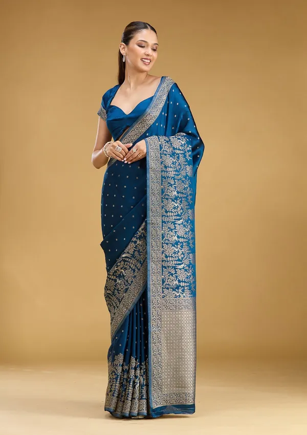 Peacock_Blue_Zariwork_Gold_Semi_Crepe_Silk_Saree