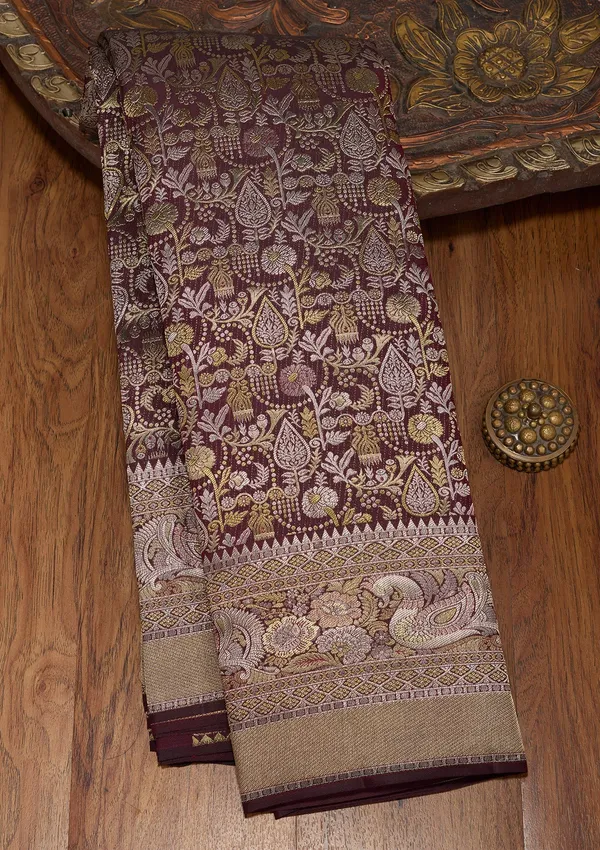 Wine_Zariwork_Gold_Pure_Silk_Saree