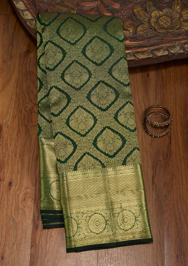 Bottle_Green_Zariwork_Gold_Pure_Silk_Saree