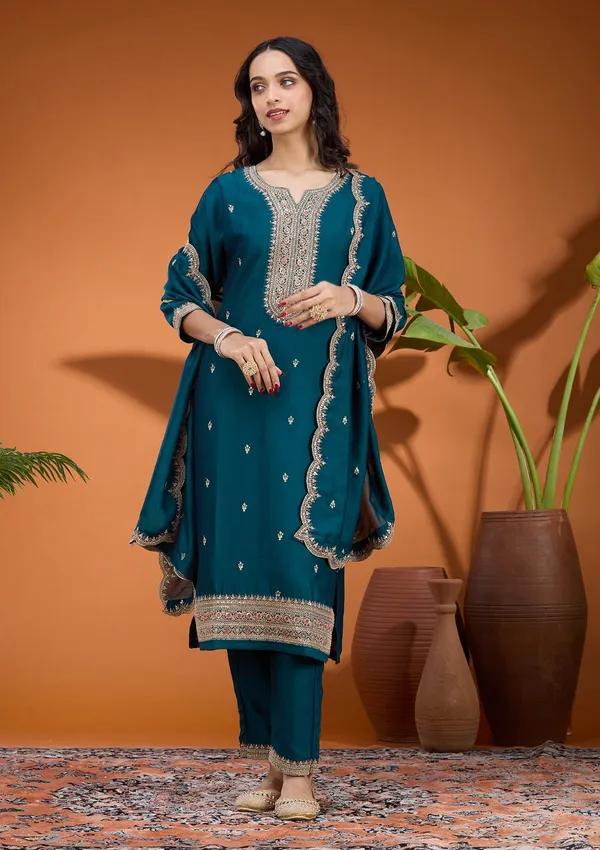 Teal_Green_Zariwork_Gold_Soft_Raw_Silk_Readymade_Salwar_Suit