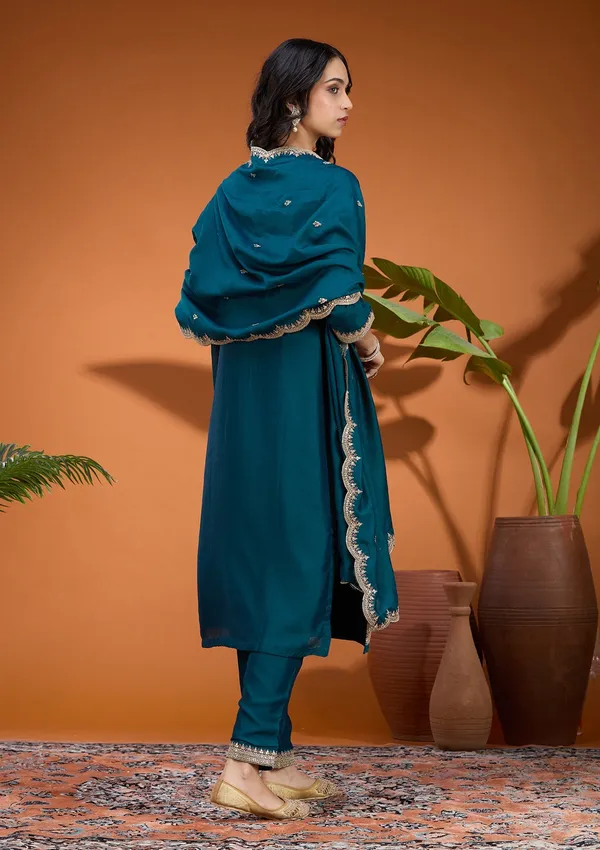 Teal_Green_Zariwork_Gold_Soft_Raw_Silk_Readymade_Salwar_Suit