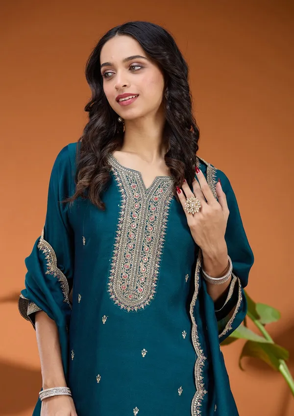 Teal_Green_Zariwork_Gold_Soft_Raw_Silk_Readymade_Salwar_Suit