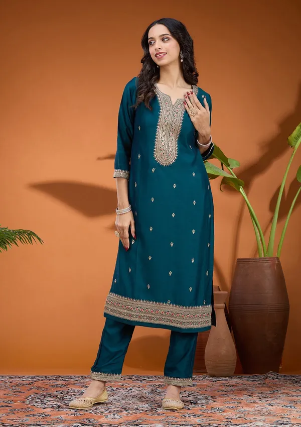 Teal_Green_Zariwork_Gold_Soft_Raw_Silk_Readymade_Salwar_Suit