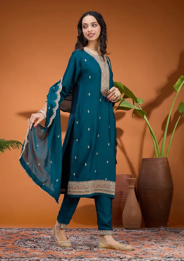 Teal_Green_Zariwork_Gold_Soft_Raw_Silk_Readymade_Salwar_Suit