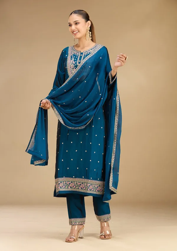 Peacock_Blue_Threadwork_Soft_Raw_Silk_Readymade_Salwar_Suit