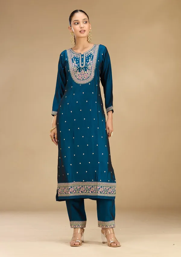 Peacock_Blue_Threadwork_Soft_Raw_Silk_Readymade_Salwar_Suit