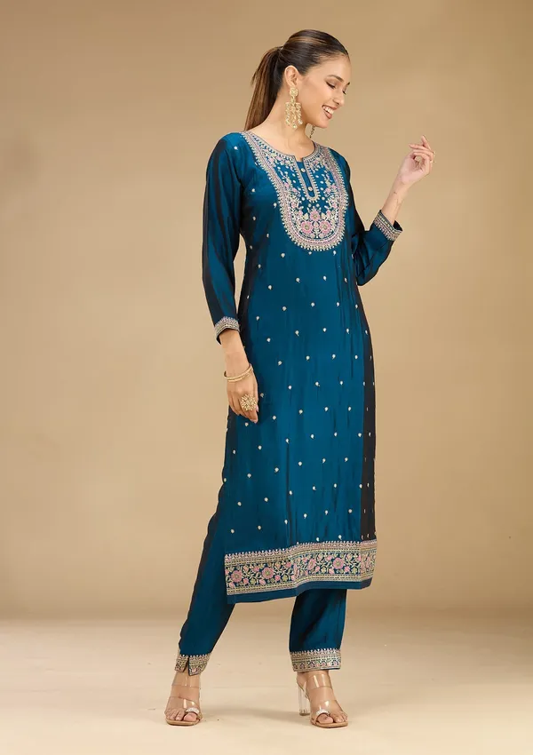 Peacock_Blue_Threadwork_Soft_Raw_Silk_Readymade_Salwar_Suit