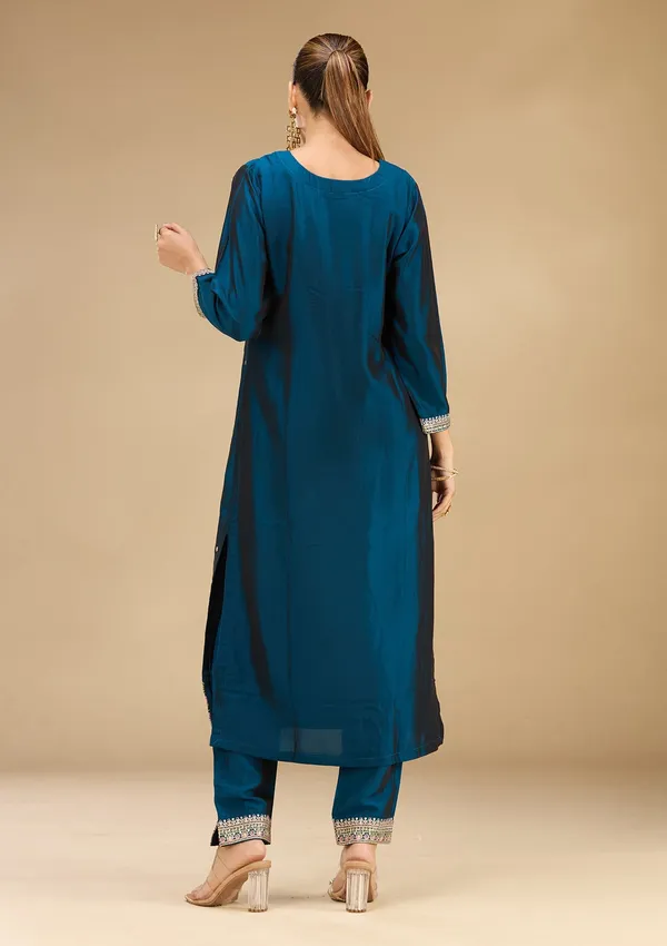 Peacock_Blue_Threadwork_Soft_Raw_Silk_Readymade_Salwar_Suit