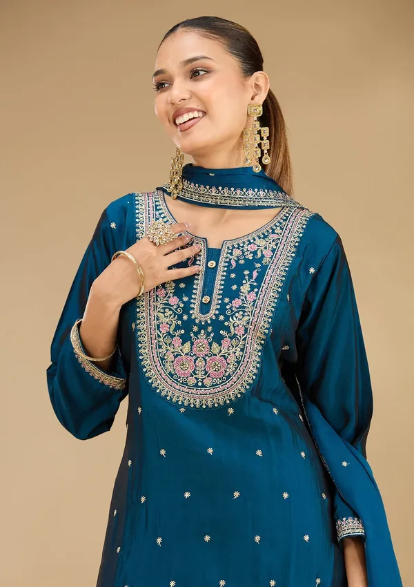 Peacock_Blue_Threadwork_Soft_Raw_Silk_Readymade_Salwar_Suit