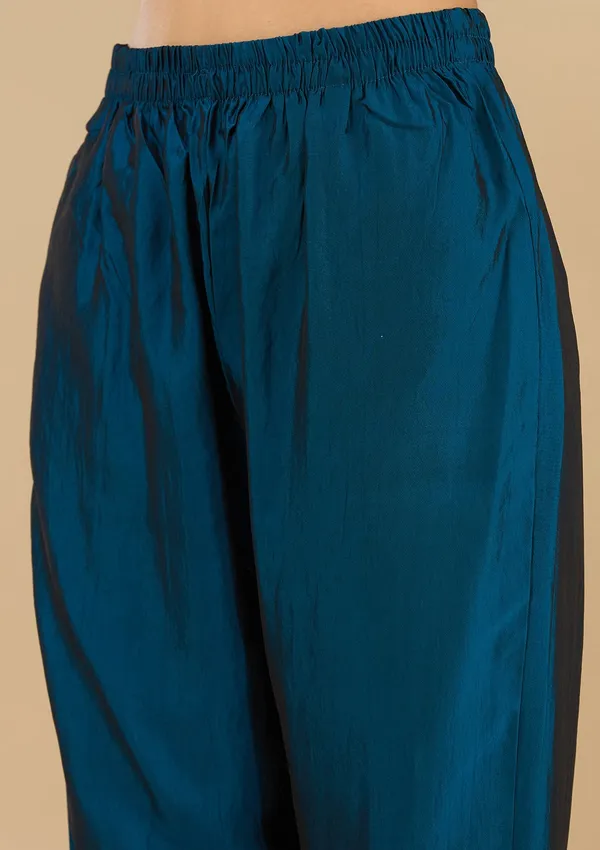 Peacock_Blue_Threadwork_Soft_Raw_Silk_Readymade_Salwar_Suit