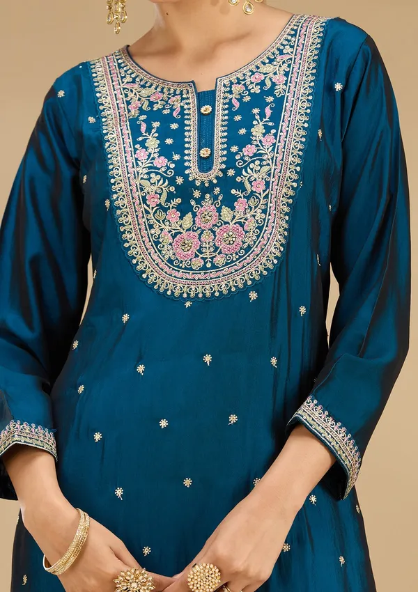 Peacock_Blue_Threadwork_Soft_Raw_Silk_Readymade_Salwar_Suit