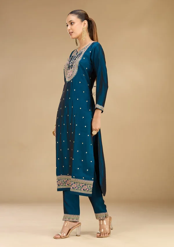 Peacock_Blue_Threadwork_Soft_Raw_Silk_Readymade_Salwar_Suit