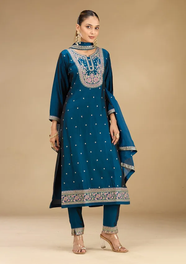 Peacock_Blue_Threadwork_Soft_Raw_Silk_Readymade_Salwar_Suit