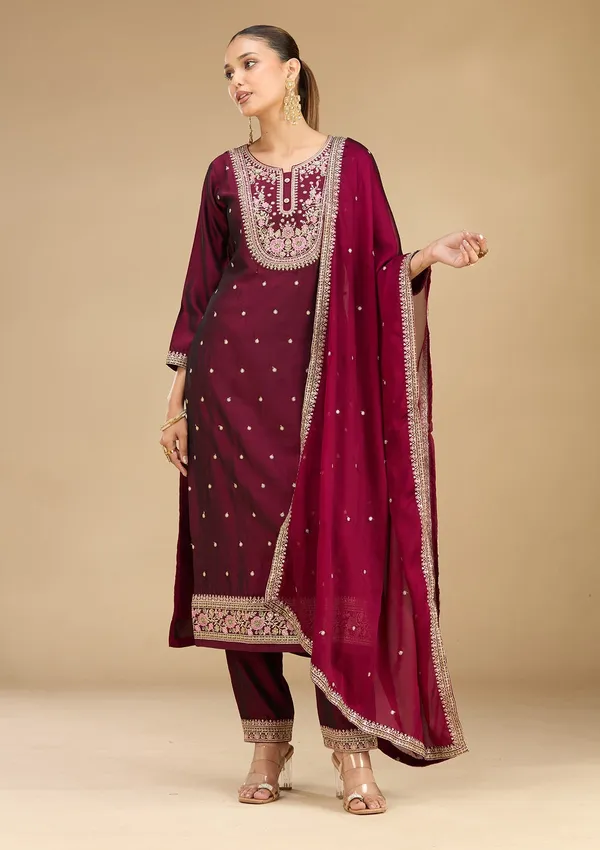Wine_Threadwork_Soft_Raw_Silk_Readymade_Salwar_Suit