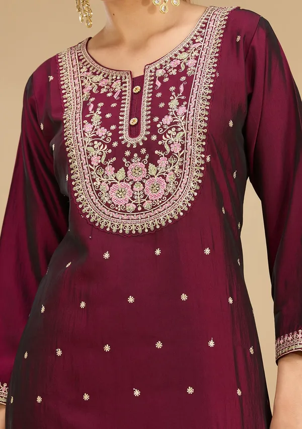 Wine_Threadwork_Soft_Raw_Silk_Readymade_Salwar_Suit