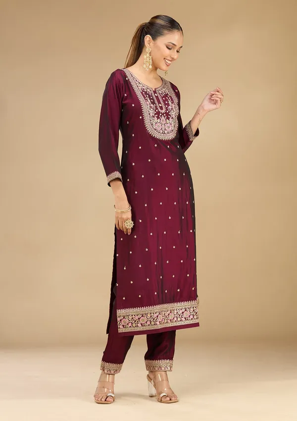 Wine_Threadwork_Soft_Raw_Silk_Readymade_Salwar_Suit