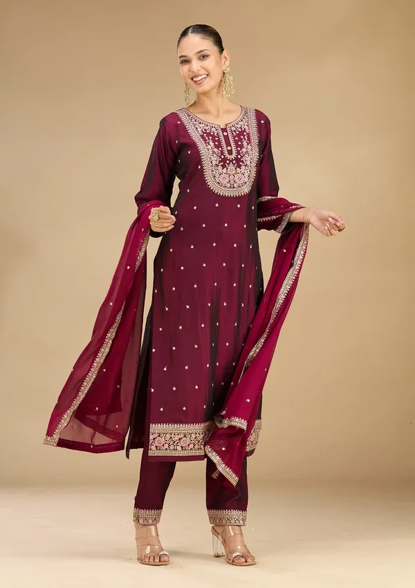 Wine_Threadwork_Soft_Raw_Silk_Readymade_Salwar_Suit
