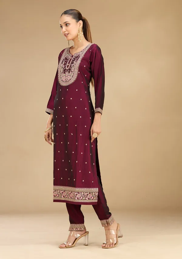 Wine_Threadwork_Soft_Raw_Silk_Readymade_Salwar_Suit
