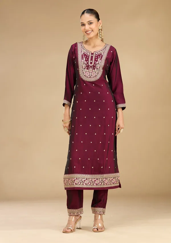 Wine_Threadwork_Soft_Raw_Silk_Readymade_Salwar_Suit