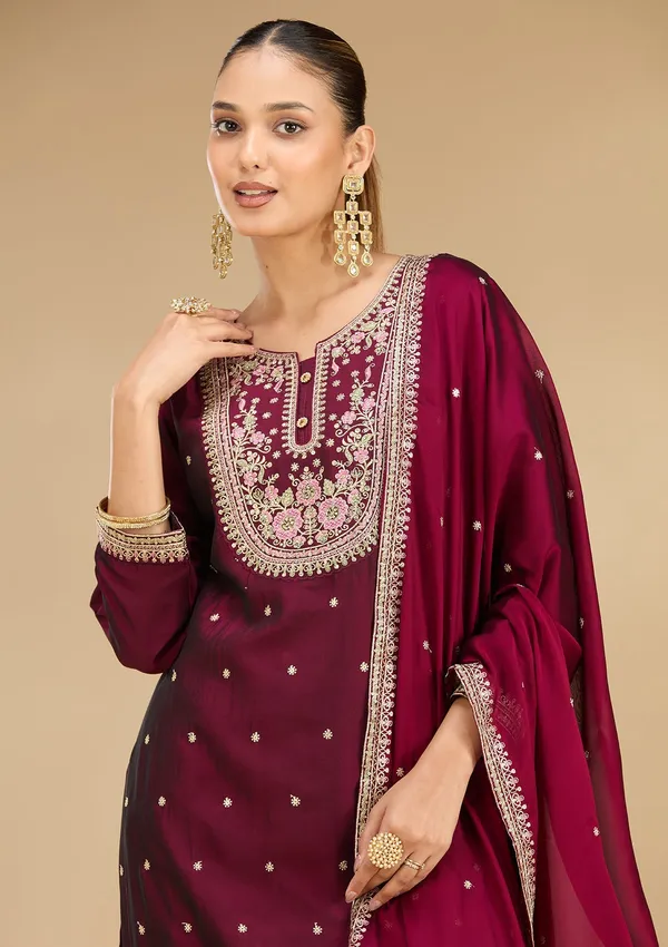 Wine_Threadwork_Soft_Raw_Silk_Readymade_Salwar_Suit