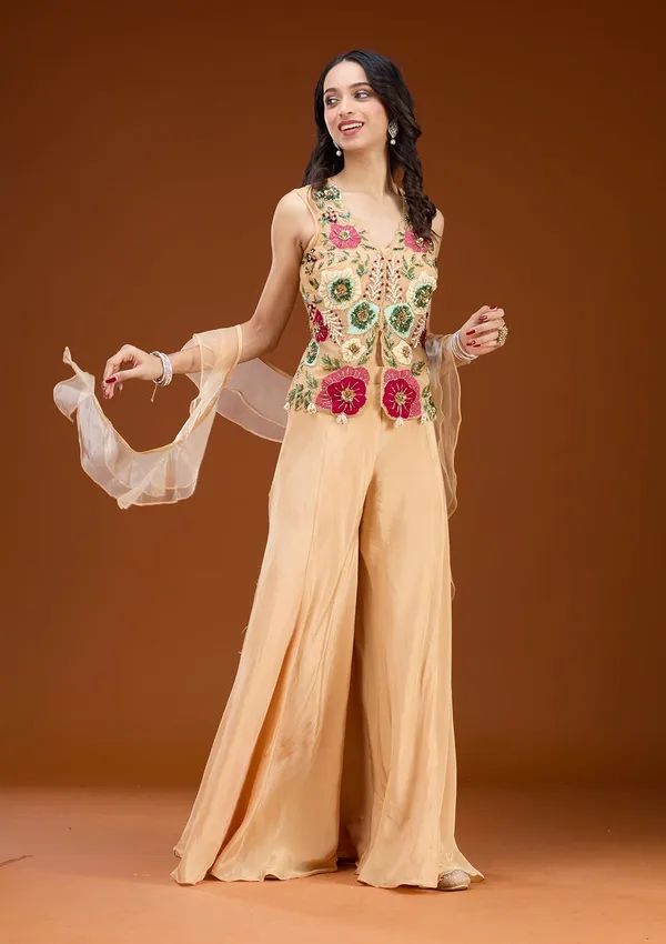 Beige_Threadwork_Georgette_Readymade_Salwar_Suit