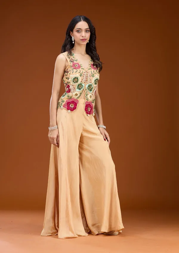 Beige_Threadwork_Georgette_Readymade_Salwar_Suit