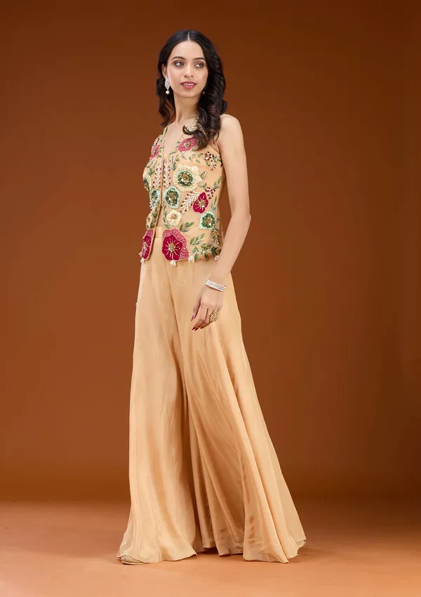 Beige_Threadwork_Georgette_Readymade_Salwar_Suit