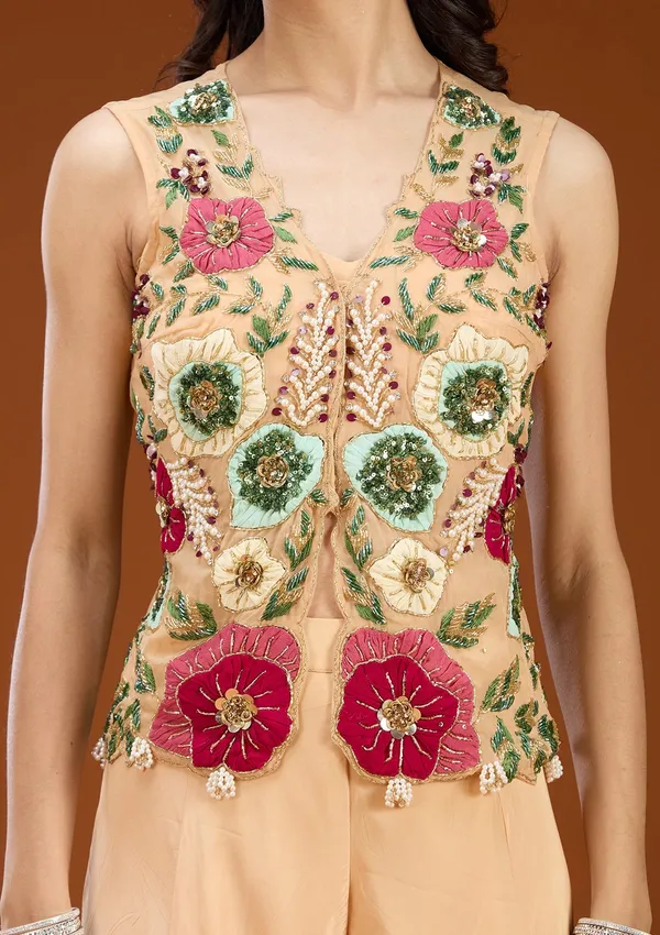 Beige_Threadwork_Georgette_Readymade_Salwar_Suit