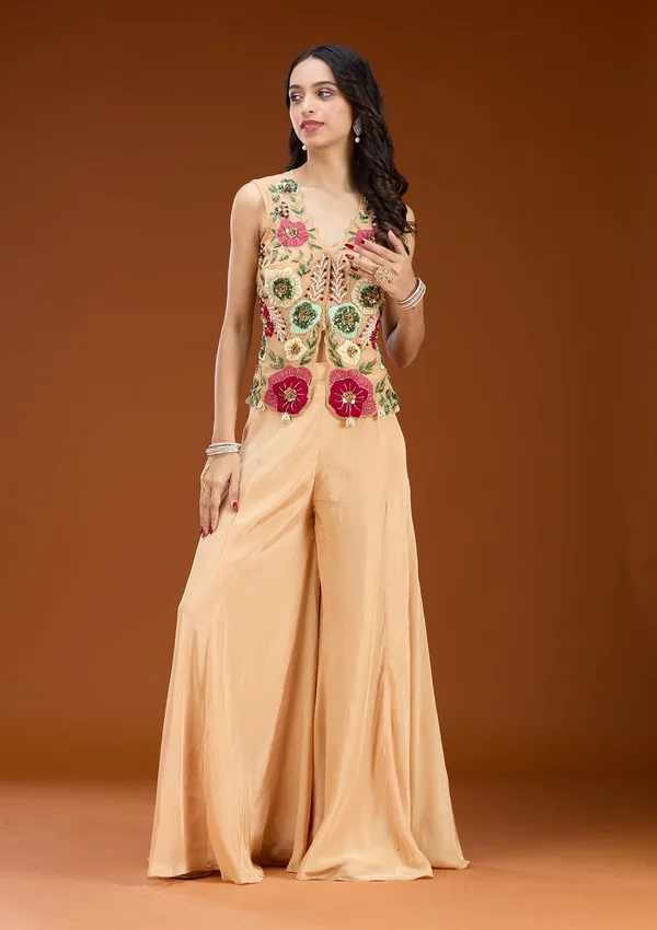 Beige_Threadwork_Georgette_Readymade_Salwar_Suit
